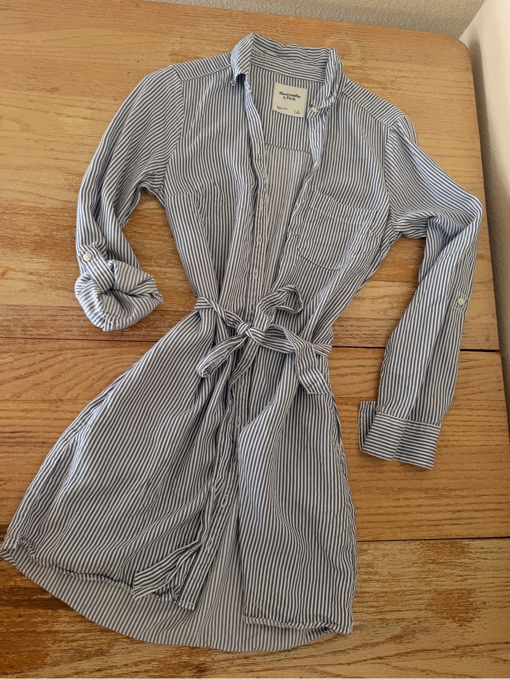 Abercrombie & Fitch Blue and White Striped Tie-Waist Long Sleeve Shirt Dress